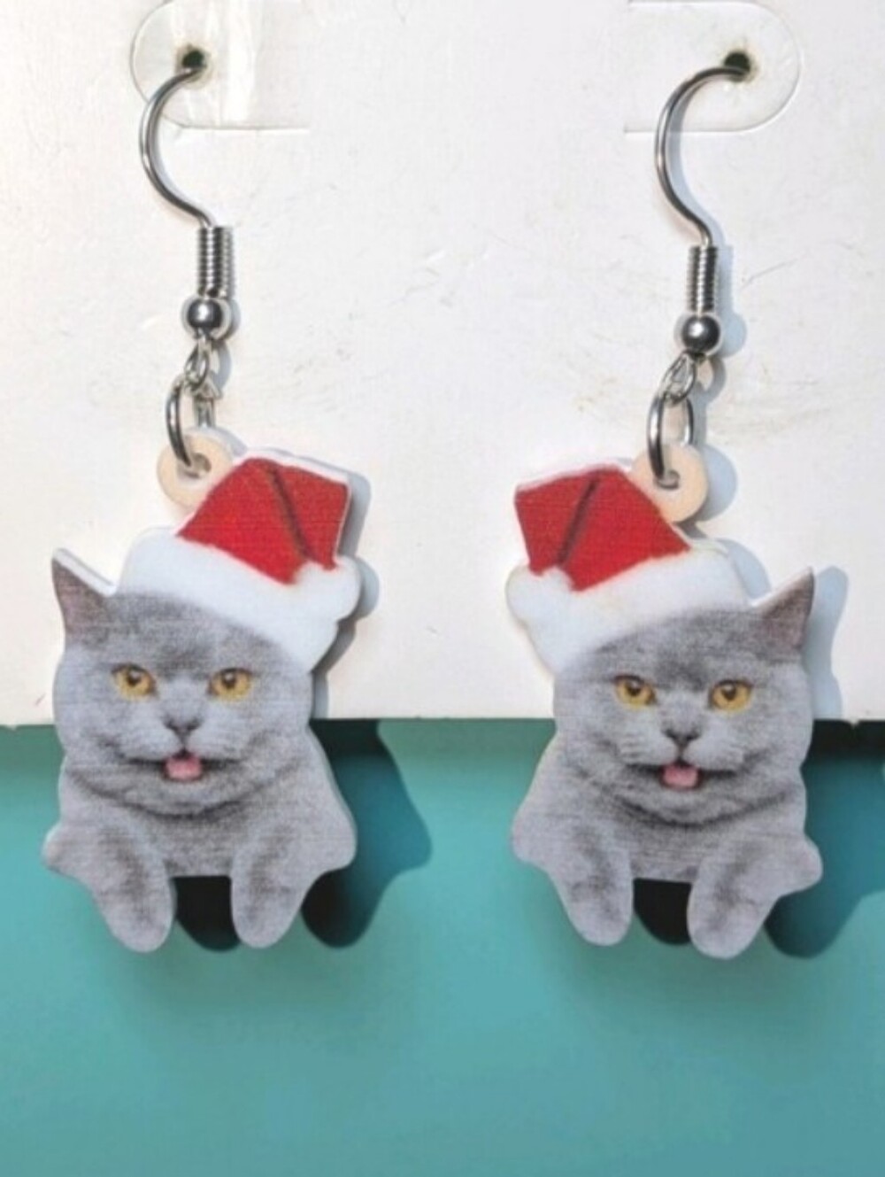 Cute Gray Cat with Red Santa Hat Earrings